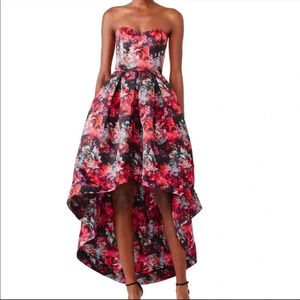Parker Black hi/Lo floral strapless dress